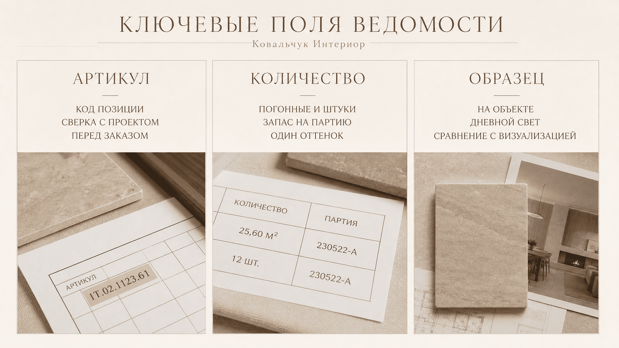 Поля спецификации отделочных материалов в дизайн-проекте: артикул, количество, поставщик