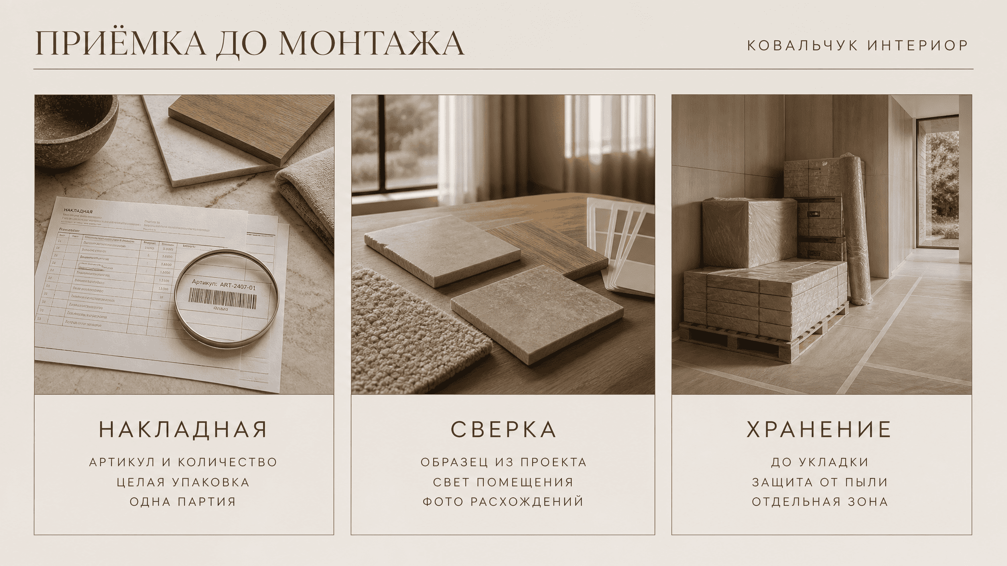 Приёмка поставки отделочных материалов на объекте: сверка артикула и целостности упаковки