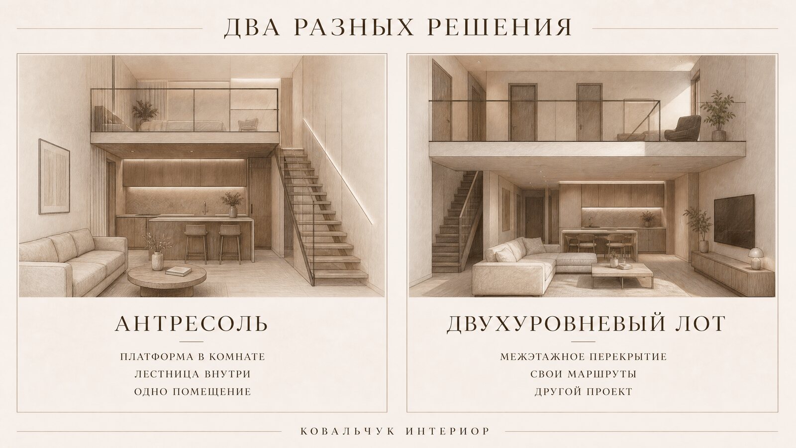 Сравнительная схема: антресольная платформа внутри одной комнаты с вторым светом и изначально двухуровневая квартира с отдельным межэтажным перекрытием