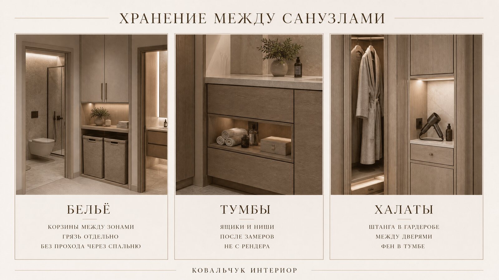Гардеробная между двумя санузлами мастер-блока: ниши для белья, полки для халатов и корзины для грязного текстиля