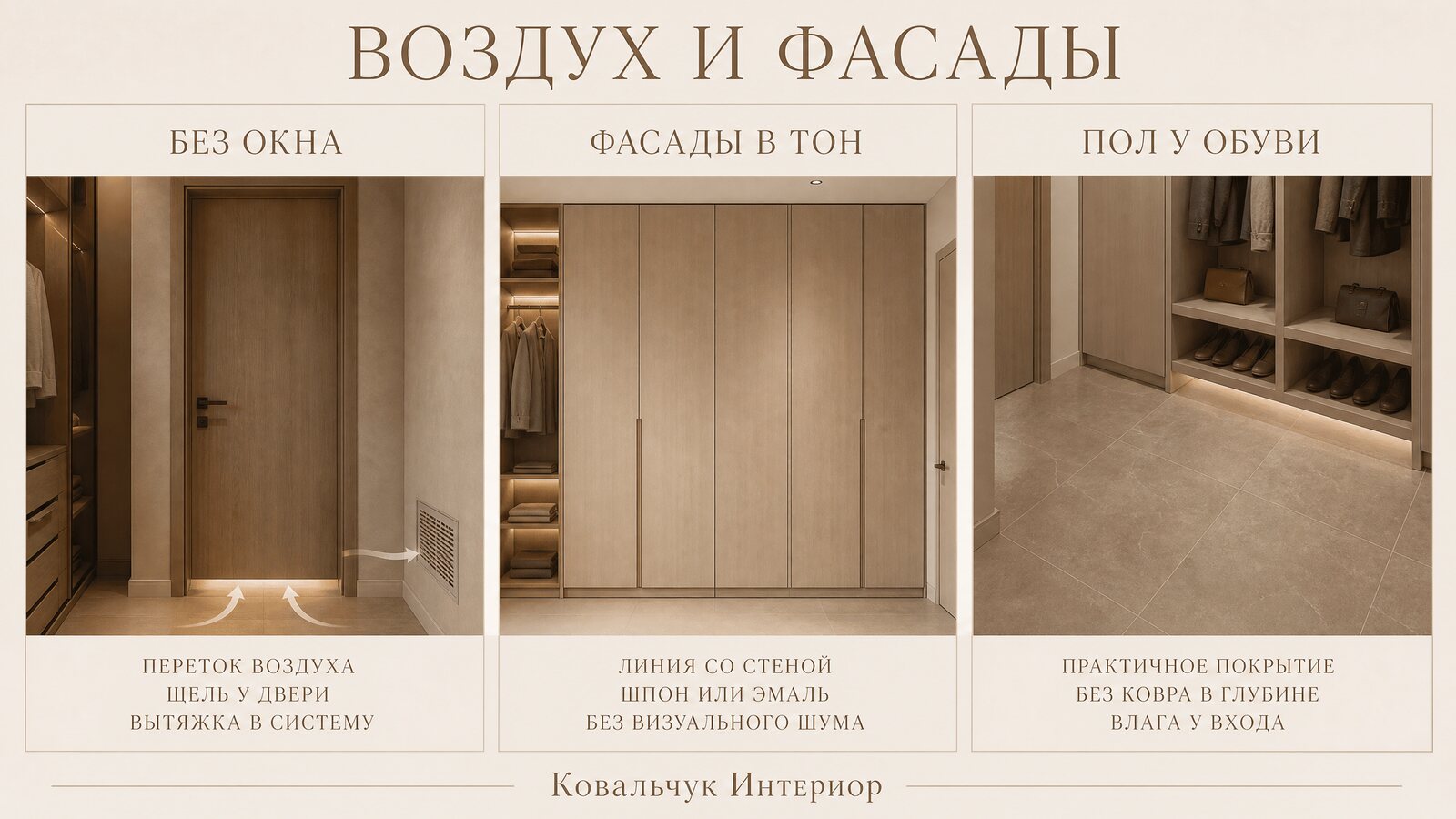 Встроенная гардеробная без окна: щель под дверью для притока воздуха и фасады шкафа в тон отделки стен