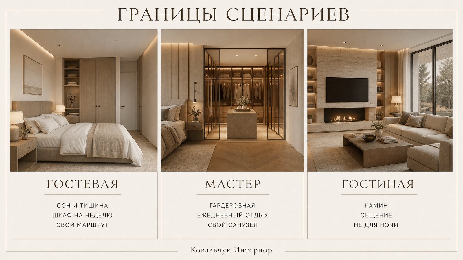 Сравнение интерьерных зон в загородном доме: мастер-спальня хозяев, общественная гостиная и автономный гостевой блок