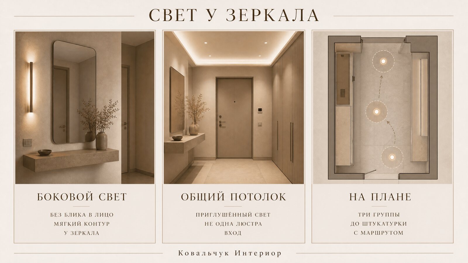 Прихожая премиум-квартиры: зеркало с боковым мягким светом, общий приглушённый свет потолка, без жёсткой тени на лице