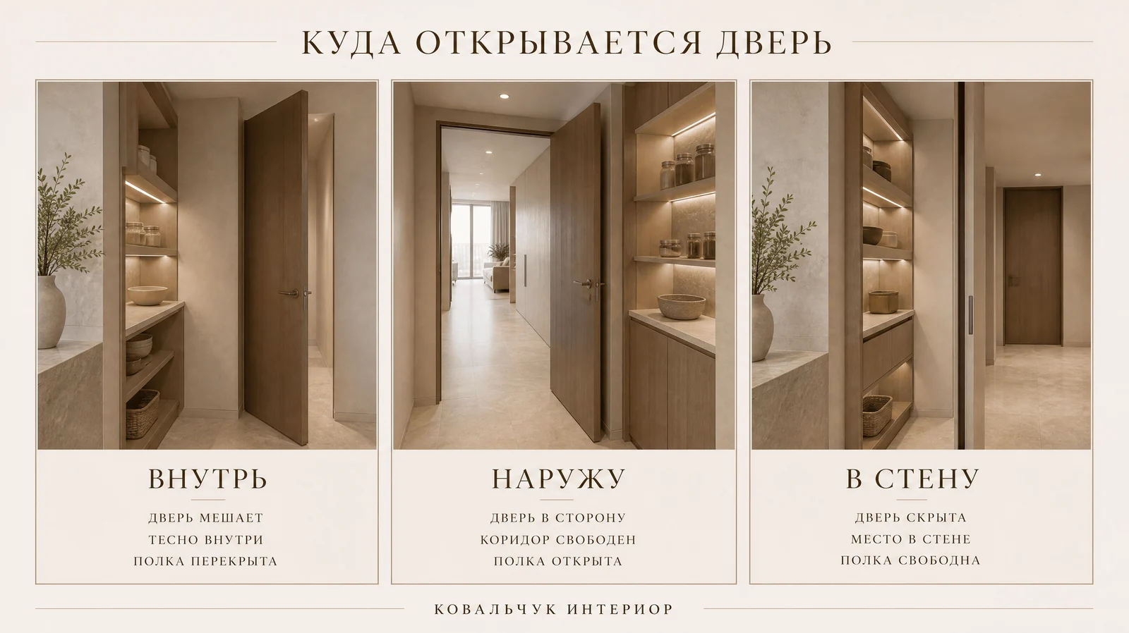 Коридор квартиры с дверью хозяйственной комнаты наружу и кассетой пенала в перегородке, стеллаж остаётся свободным