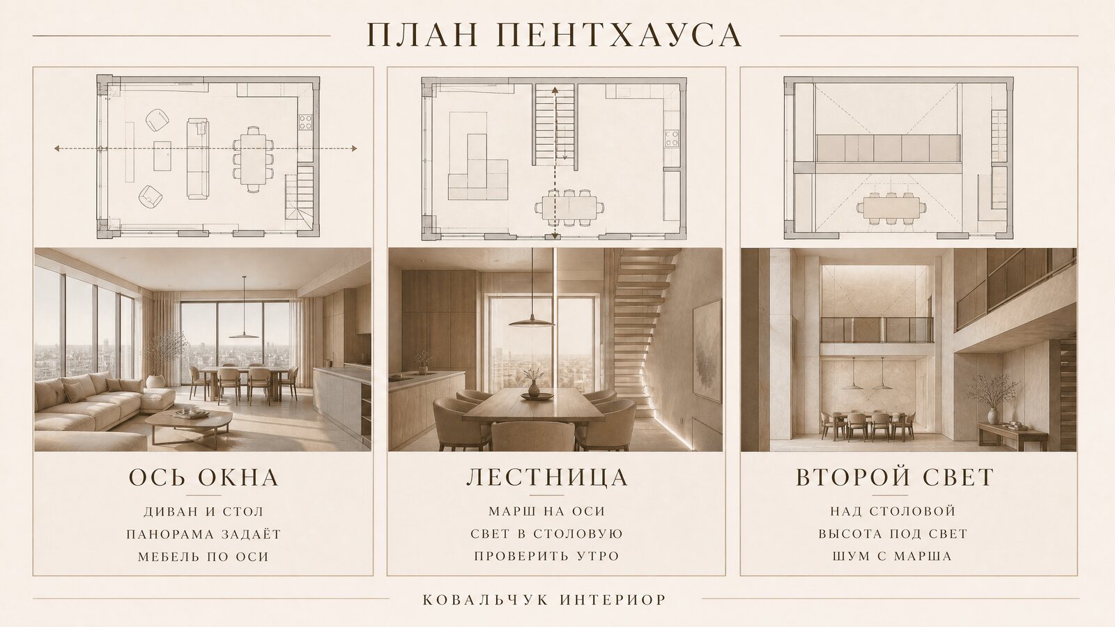 План двухуровневого пентхауса с осями панорамы, лестницей, террасой и отметками второго света над столовой