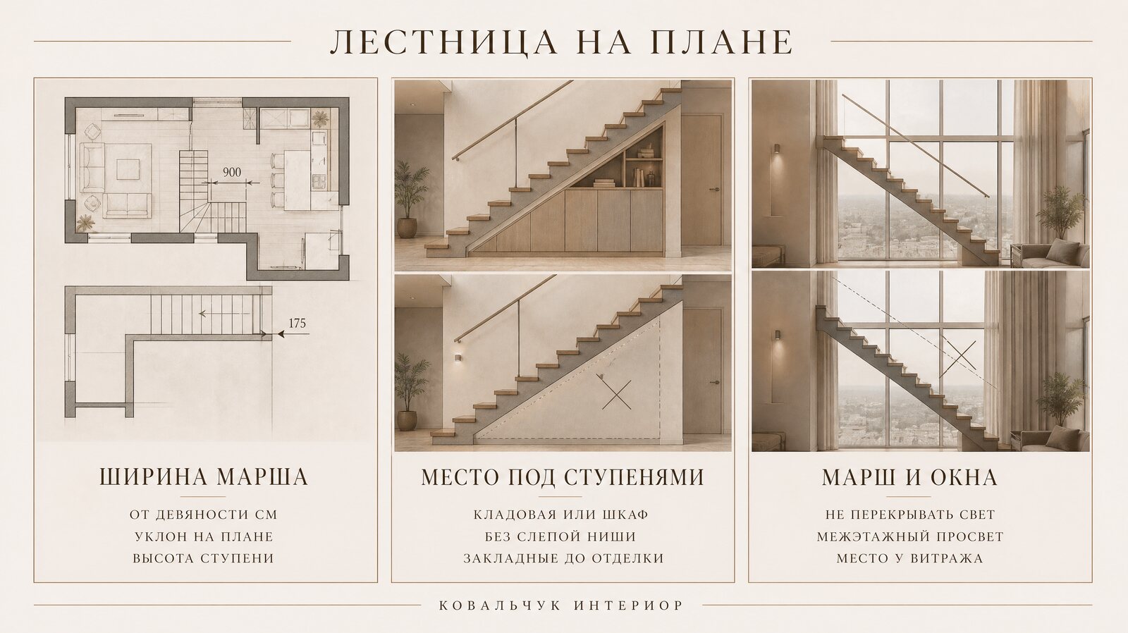 Схема лестничного марша в двухуровневой квартире: ширина прохода, площадка, зона под ступенями и траектория от входа к кухне