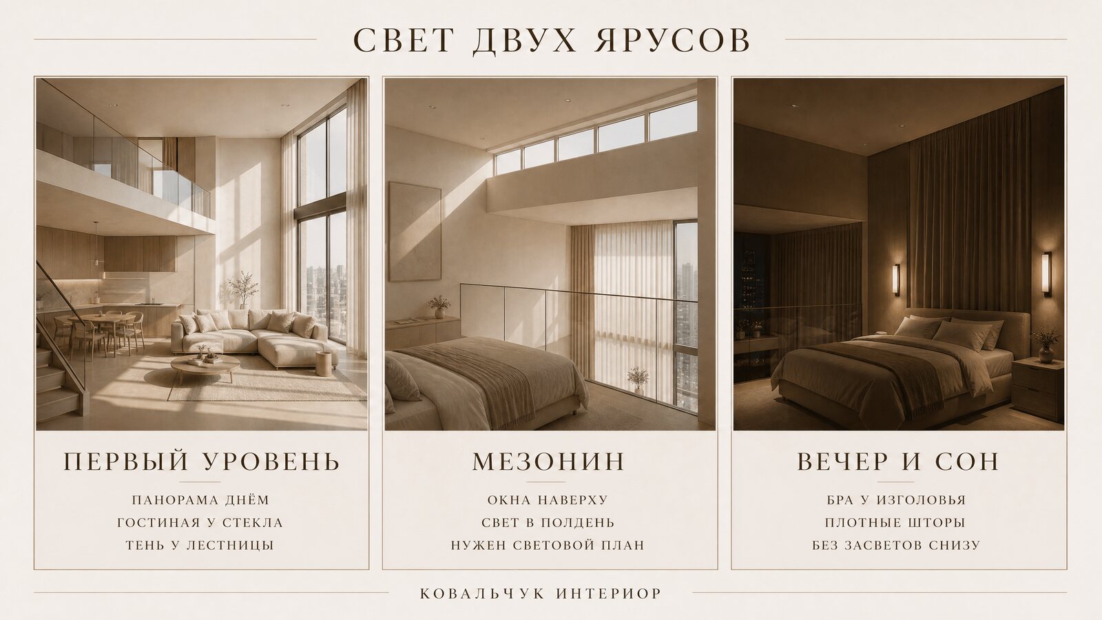 Сравнение дневного света на двух ярусах квартиры: окна первого уровня, затенённый мезонин и схема штор для спальни наверху