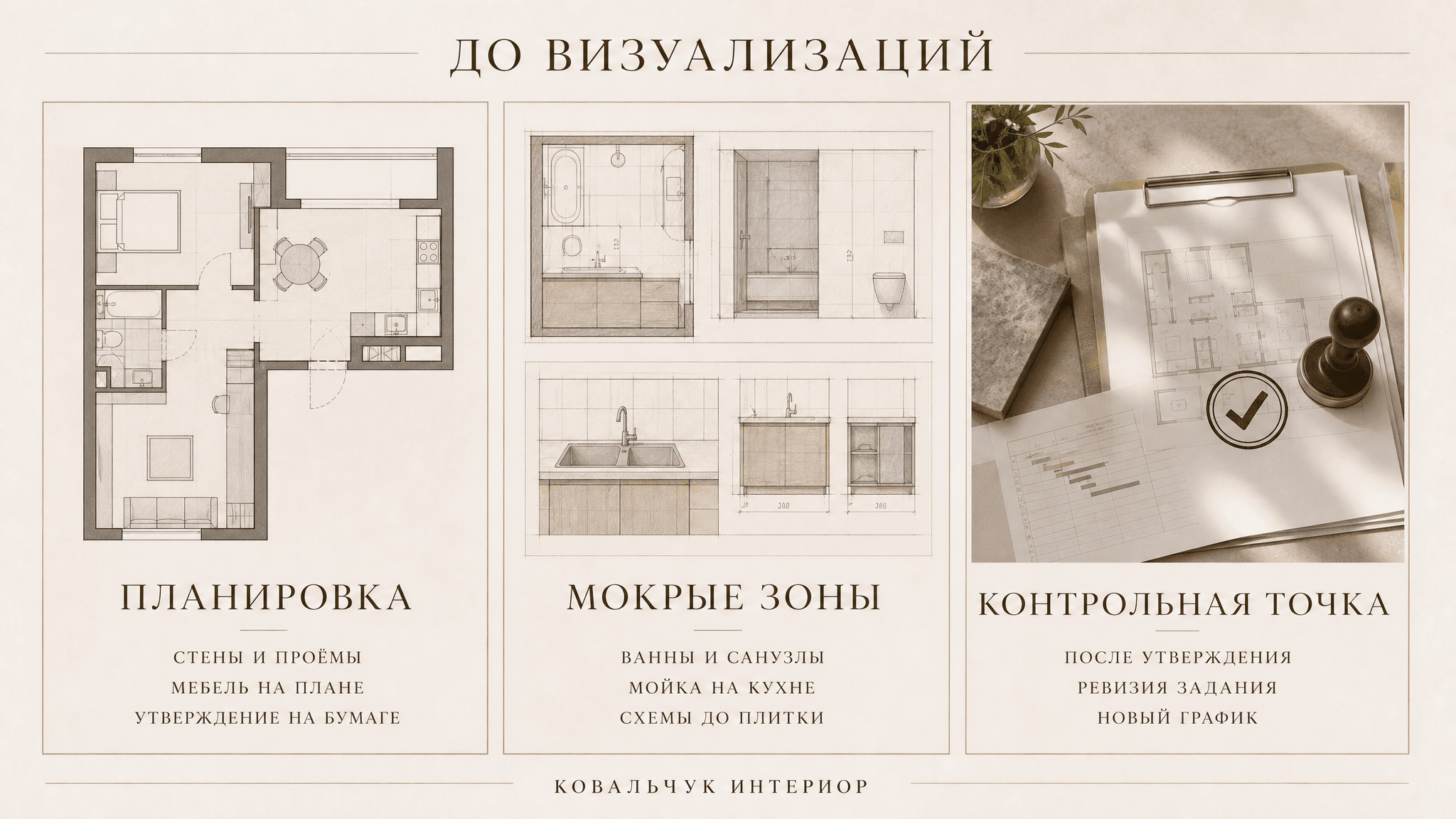 Сравнение согласованной планировки квартиры и фиксации мокрых зон до начала визуализаций