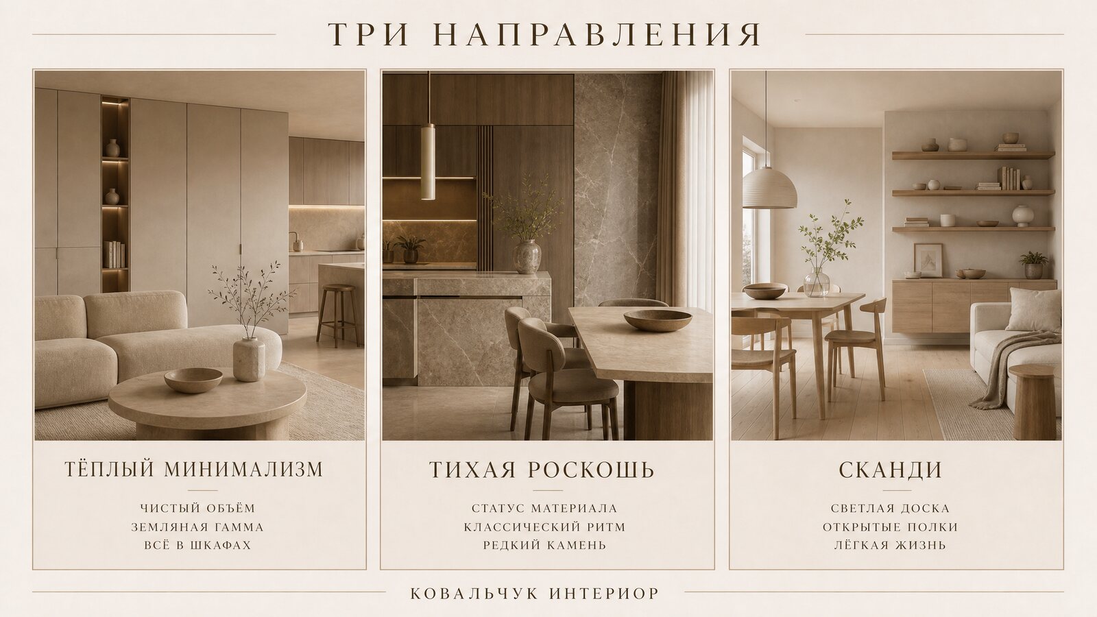 Сравнение интерьерных направлений: лаконичные формы тёплого минимализма, статусная тихая роскошь и уютный скандинавский стиль