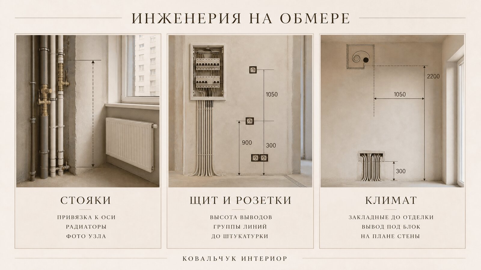 Обмер инженерии в квартире White Box: привязки стояков, радиаторов, щита и выводов под кондиционирование на стене