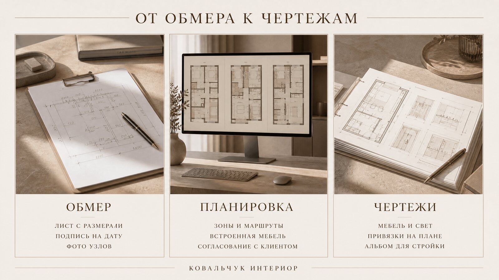 Цепочка дизайн-проекта: обмерный план, планировочные решения и альбом чертежей на столе дизайнера